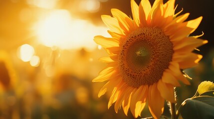 Fototapeta premium A close-up of a sunflower with the sun behind it, symbolizing positivity, growth, and the warmth of summer.