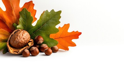 Delicate moss green and deep amber autumn leaves with mini oak nuts on a white backdrop Minimalistic, high resolution, clear sharp focus, hyperdetailed