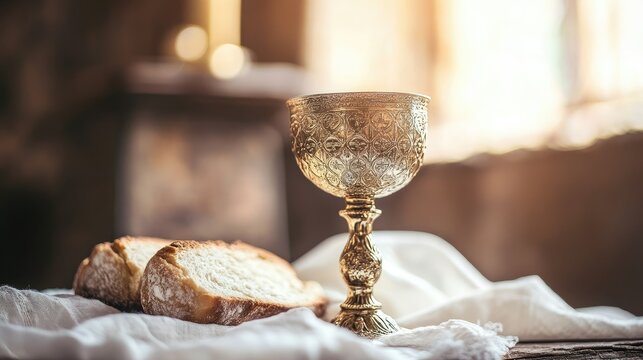 A communion chalice and bread placed on a white cloth, representing the Eucharist, with a soft focus on the background to create a sacred atmosphere.