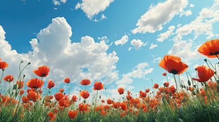 Obraz premium A field of blooming poppies with a bright blue sky and fluffy white clouds, representing peace, remembrance, and natural beauty.