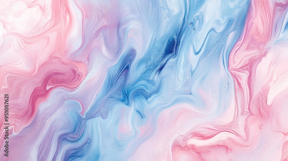 Poster a fluid abstract background with marbled patterns in soft pinks and blues, creating a calming and ar