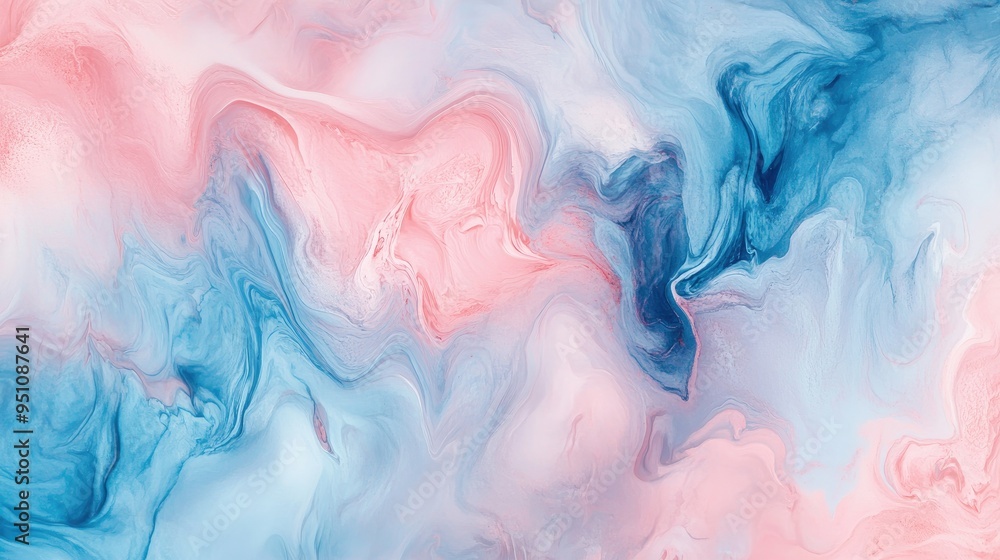 Poster a fluid abstract background with marbled patterns in soft pinks and blues, creating a calming and ar