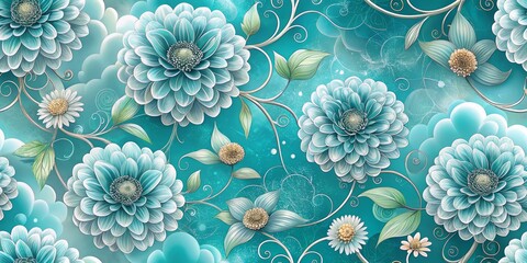 Whimsical and fantastical seamless pattern featuring zinnia flowers in shimmering turquoise, aqua, and silver, nestled among swirling clouds and delicate doodles, on a soft sky blue background.