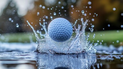 A golf ball splashing into a water hazard, captured mid-flight, representing the challenges and unexpected moments in the sport.