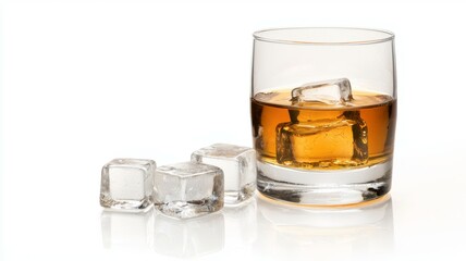 A glass of liquor with ice cubes in it