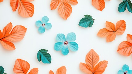 Fototapeta premium Delicate tangerine and aqua blue summer leaves with tiny hibiscus flowers on a white backdrop Minimalistic, high resolution, clear sharp focus, hyperdetailed