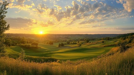 Obraz premium A panoramic view of a golf course during sunset, with the sky painted in warm colors and the landscape bathed in golden light.