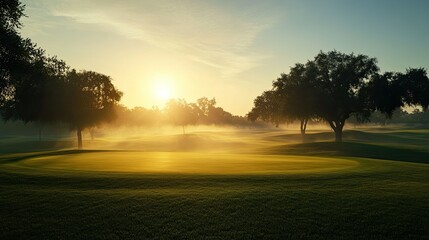 A serene golf course at sunrise, with mist rising from the grass and the sun casting a golden glow, perfect for early morning golf scenes.