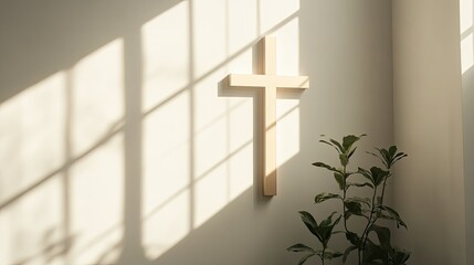 Naklejka premium A simple wooden cross hanging on a white wall, with soft sunlight filtering through a nearby window, symbolizing peace and reflection.