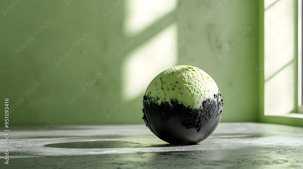 Poster a green and black orb rests on a gray surface, illuminated by sunlight streaming in from a window, c