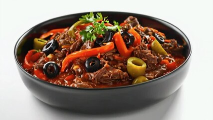 A bowl of misal, spicy sprouted moth bean curry topped with crunchy farsan and chopped onions, served on black bowl, isolated on white background