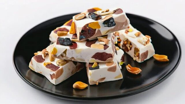 A piece of nougat, the chewy texture with visible nuts and dried fruits embedded in it, served on black plate, isolated on white background