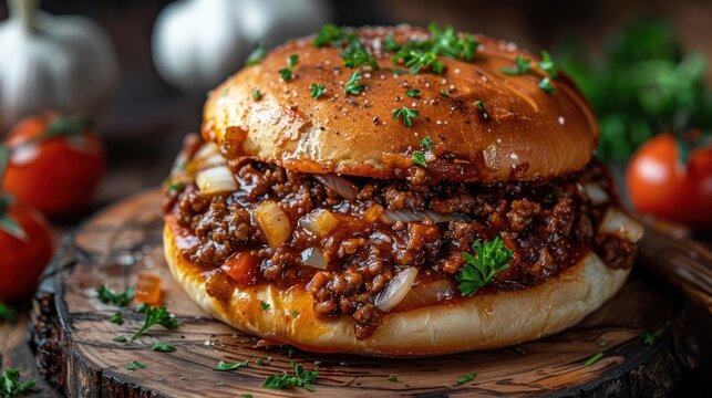 a sloppy joe sandwich sitting on top of a wooden board