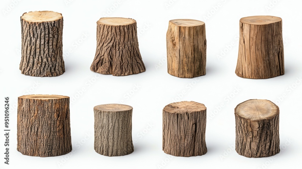 Poster a collection of wood logs, each with a different shape and size