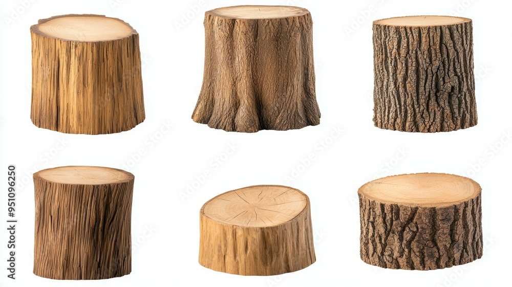 Poster six different types of tree trunks, each with a unique shape and texture