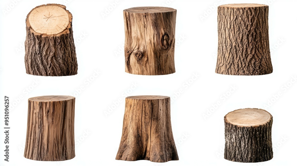 Poster six different types of tree trunks, each with varying shapes and sizes