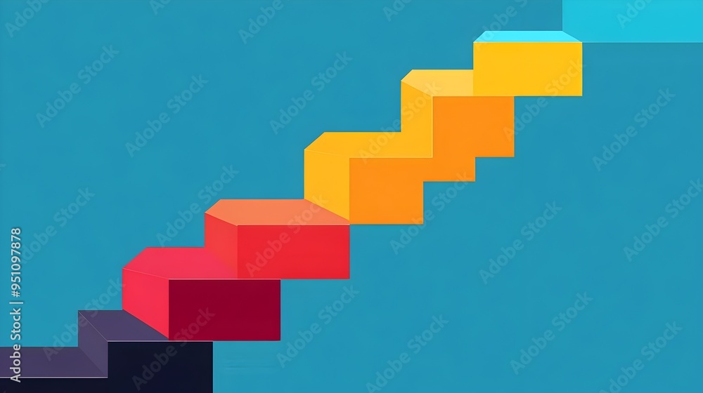 Poster a flat minimalist infographic diagram depicting a stair step visual process with distinct levels and