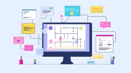 Detailed infographic showcasing the step by step Agile workflow process including labeled key elements of project management and software development