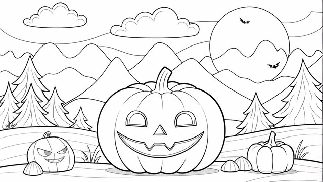 Halloween pumpkin coloring page, Black and white illustration, scenic landscape. Halloween-themed coloring books, educational materials, or festive decorations, children's activities print designs