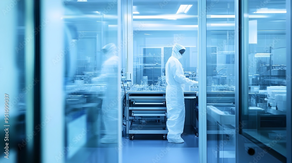 Poster detailed view of a complex nanofabrication process taking place within a highly controlled and steri