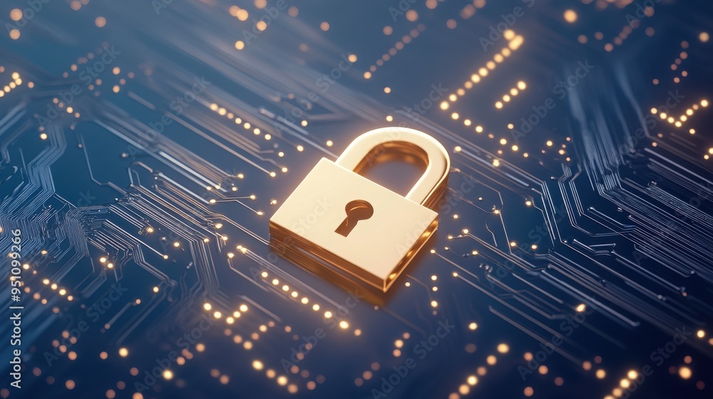 Poster golden padlock on a digital circuit background, symbolizing security and protection in technology an
