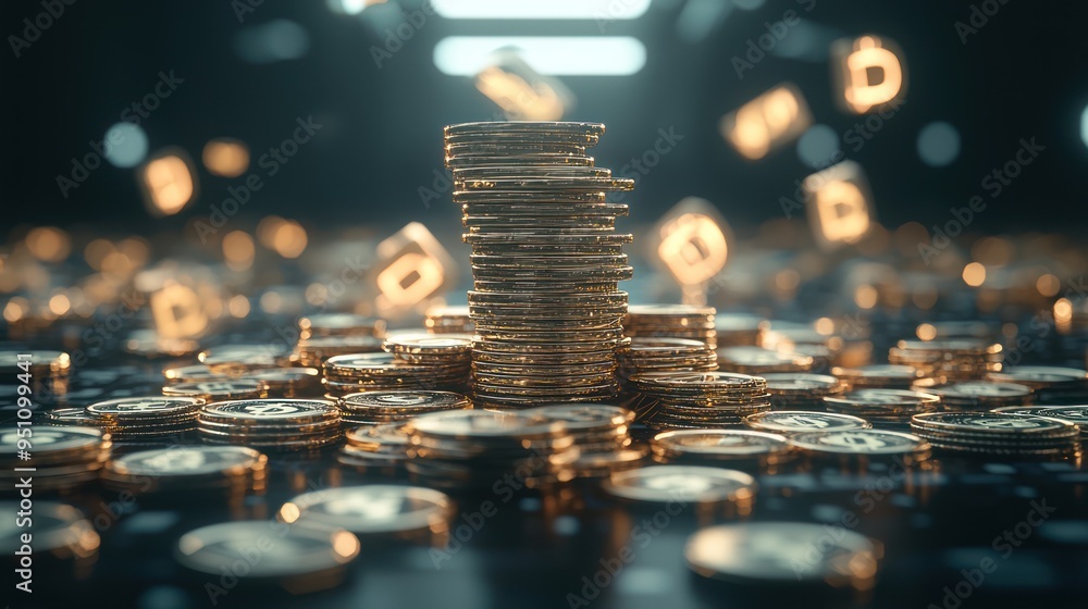 Poster futuristic gold coins stacked in glowing vault with currency symbols - high-quality c4d render of di