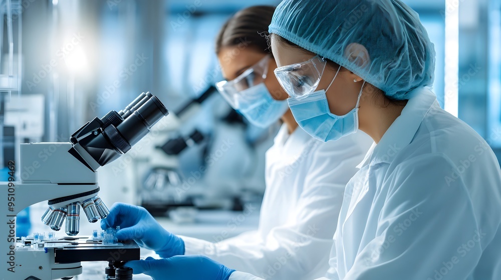 Poster scientists closely examining and analyzing nanomaterials under a high powered microscope in a well e