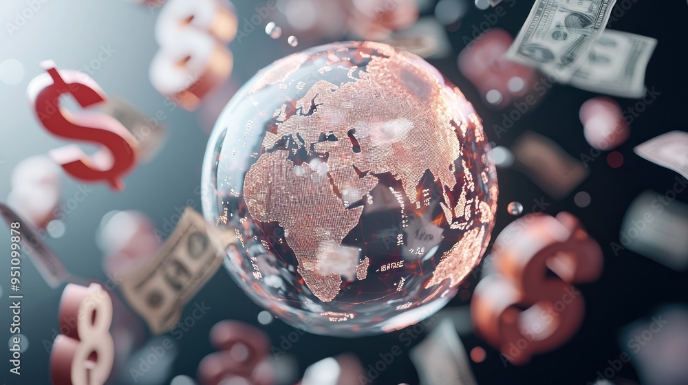 Poster digital currency exchange: transparent globe surrounded by floating [currency] symbols in global fin