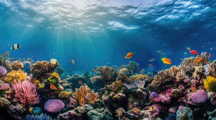 A wide shot of a coral reef with vibrant marine life, showcasing the beauty and importance of ocean conservation.
