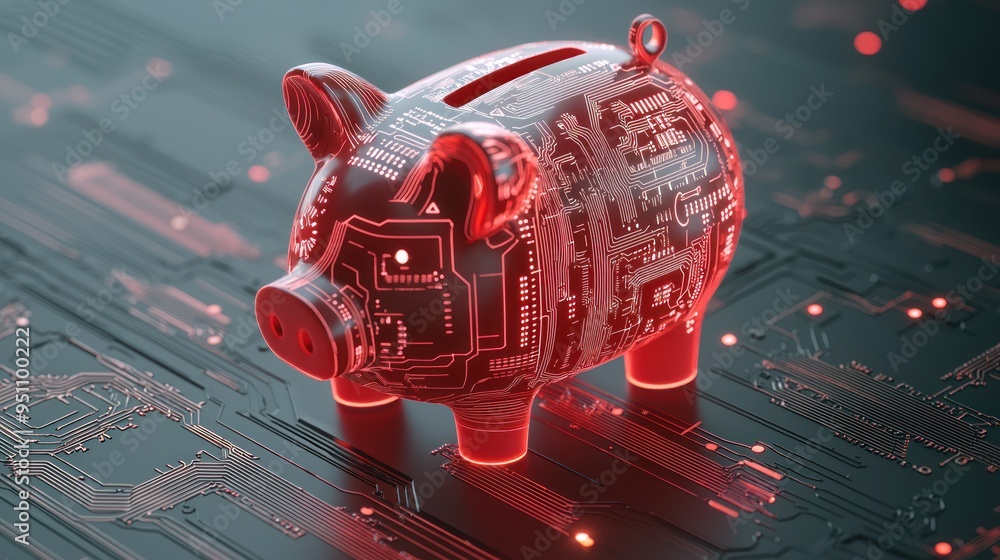 Poster futuristic piggy bank concept with circuit board design | savings-tech fusion c4d render with super 