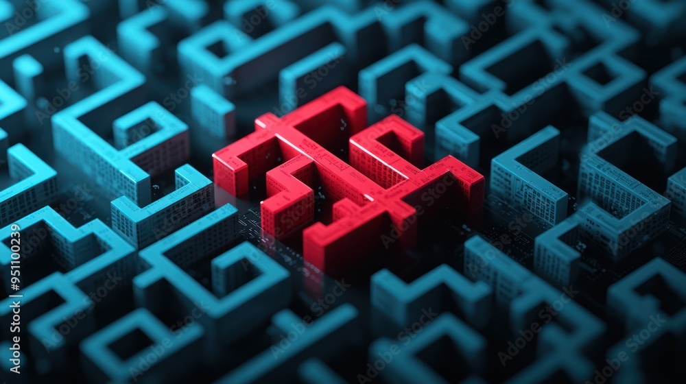 Poster navigating the financial jungle: 3d maze with floating financial icons for wealth management strateg