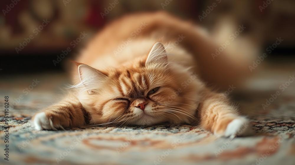 Poster fluffy persian cat stretching lazily on a plush patterned carpet in a cozy and peaceful home interio
