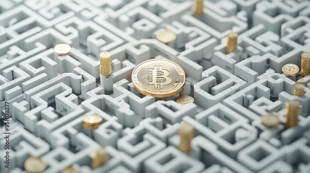 Poster navigating financial complexity: 3d maze with floating financial icons for strategic planning and we