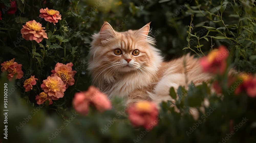 Poster a captivating portrait of an elegant persian cat resting amidst a vibrant array of flowers in a lush