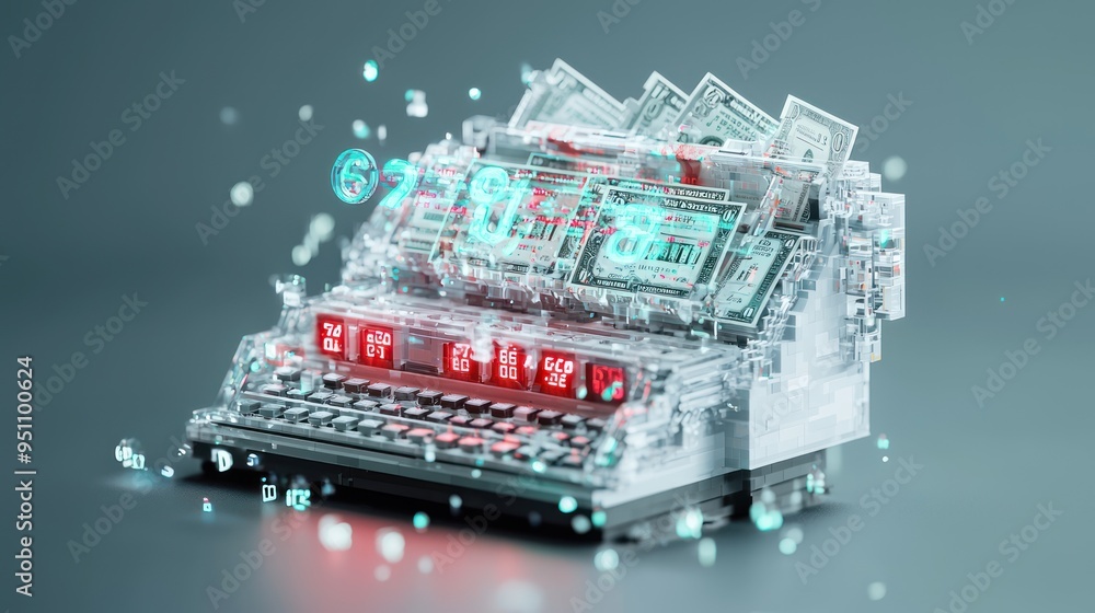 Poster cutting-edge 3d cash register with holographic numbers for [currency] in retail finance setting - c4