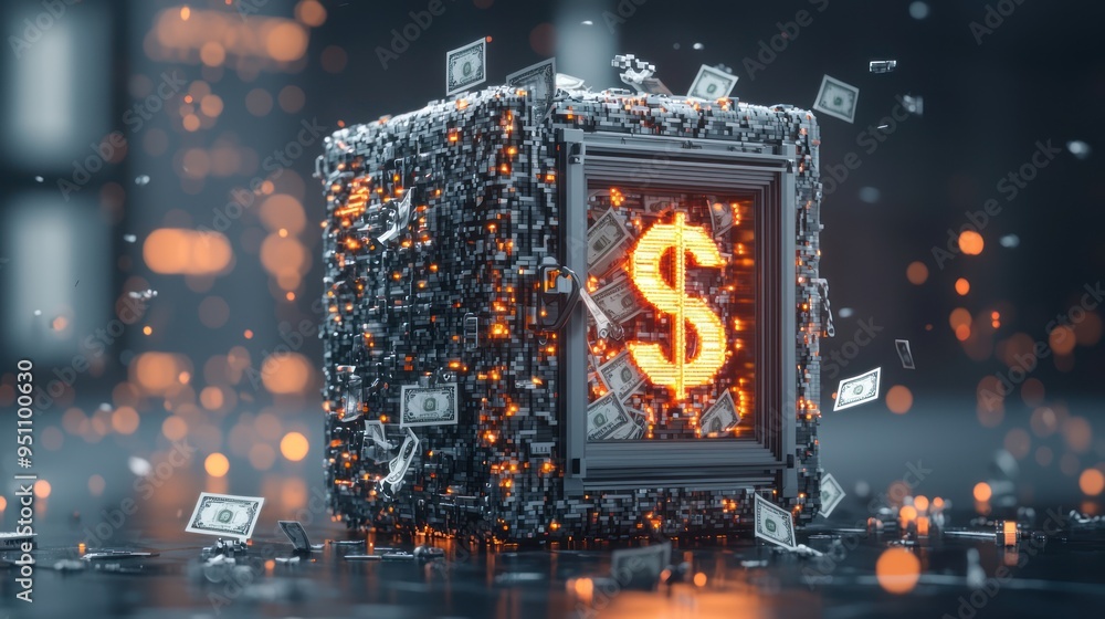 Poster glowing digital safe with floating currency signs - high-quality 8k c4d render for virtual security 