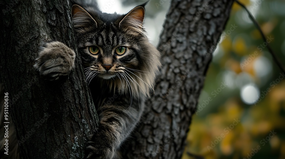 Aufkleber powerful maine coon cat scaling tree with agile strength and curiosity majestic feline with muscular