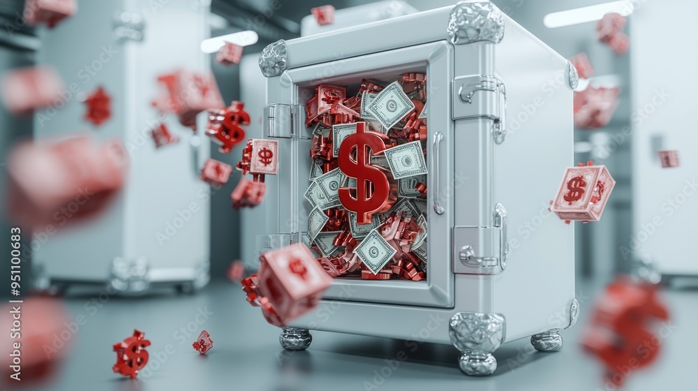 Poster illuminated digital safe with floating currency signs - conceptual money security | 8k c4d render wi