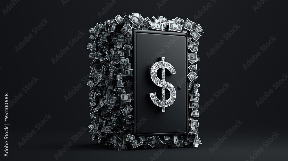 Poster illuminated digital safe with floating currency signs - high quality c4d render, generative ai