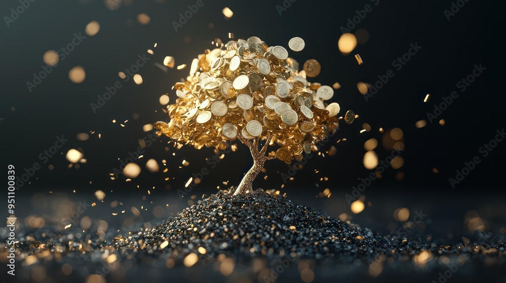 Poster shining gold coin tree symbolizing abstract financial growth | 3d render of wealth accumulation conc