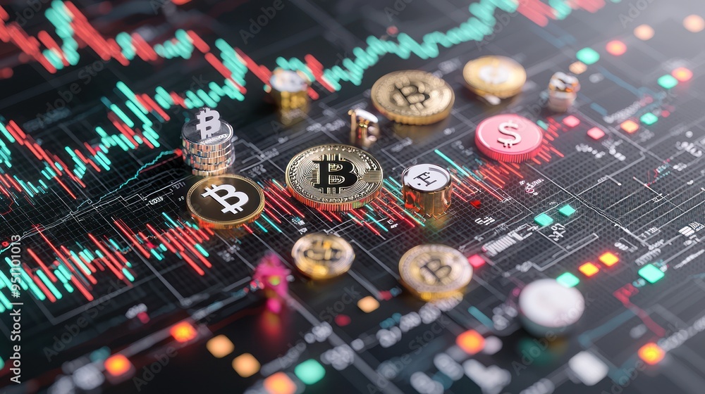 Poster futuristic holographic [currency] symbols enhancing 3d financial visualization chart - high quality 