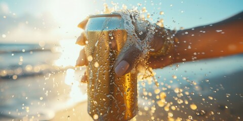 Close-up shot with a shallow depth of field of a woman relaxing on the beach, opening a fizzy can of beer and reacting to the unexpected spray of cold foam.