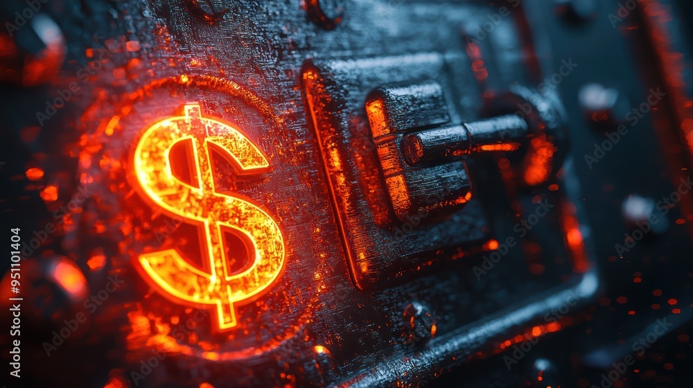 Poster illuminated dollar sign digital safe lock for secure digital savings concept in c4d render with supe