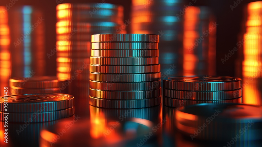 Poster evolving financial growth: detailed 3d stacked coin bar chart in c4d render (8k), generative ai