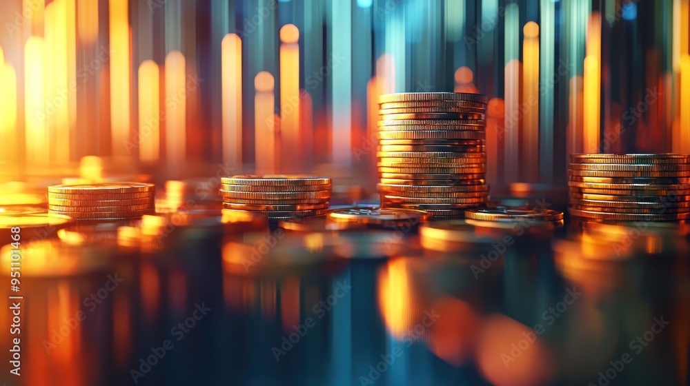 Poster glowing 3d stacked coin bar chart representing financial growth in high-quality detail - c4d render,