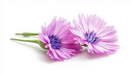 Two pink flowers with purple centers are on a white background