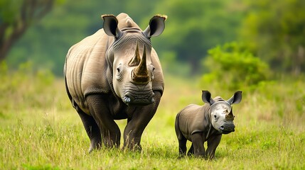 Obraz premium Protective Rhino Calf Standing by Tranquil Mother in Lush Green Grassland
