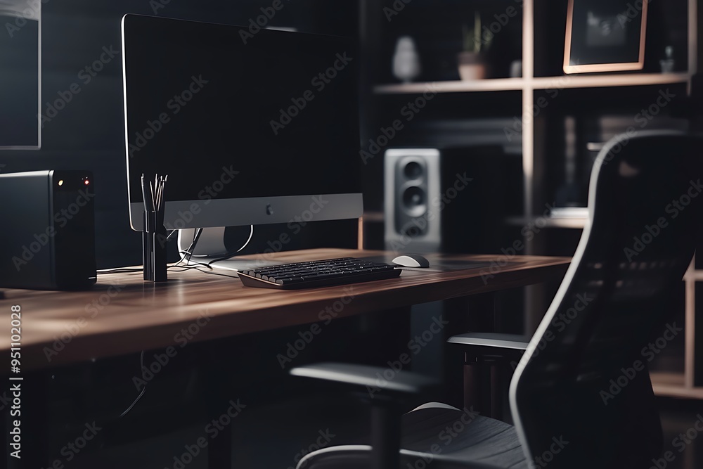 Poster a minimalist workspace with a computer, keyboard, and mouse