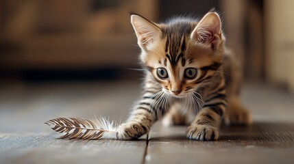 Adorable Bengal kitten playing joyfully with a feather toy on a warm wooden floor expressing its natural curiosity and playful spirit