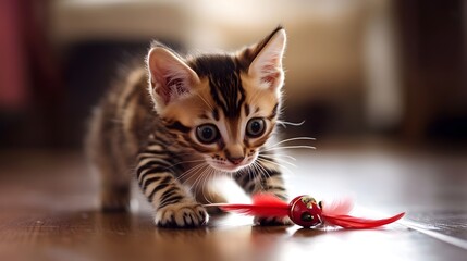 Playful Bengal Kitten Chasing Feather Toy on Wooden Floor   Adorable young feline pet exploring and pouncing on a feathered toy in a cozy indoor setting with natural wooden textures